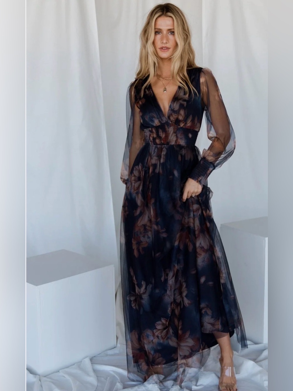 Layla Tulle Maxi Dress – Dark Blue Floral-Size XL
